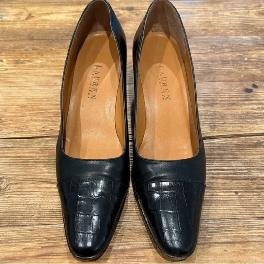 Lauren Ralph Lauren Leather Croc Embossed Black 2" Heels 8.5 Made‎ in Spain EUC